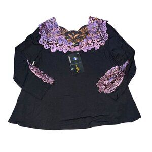 Joan Boyce Metallic Purple Lace Detail Blouse-Black-1X-NWT